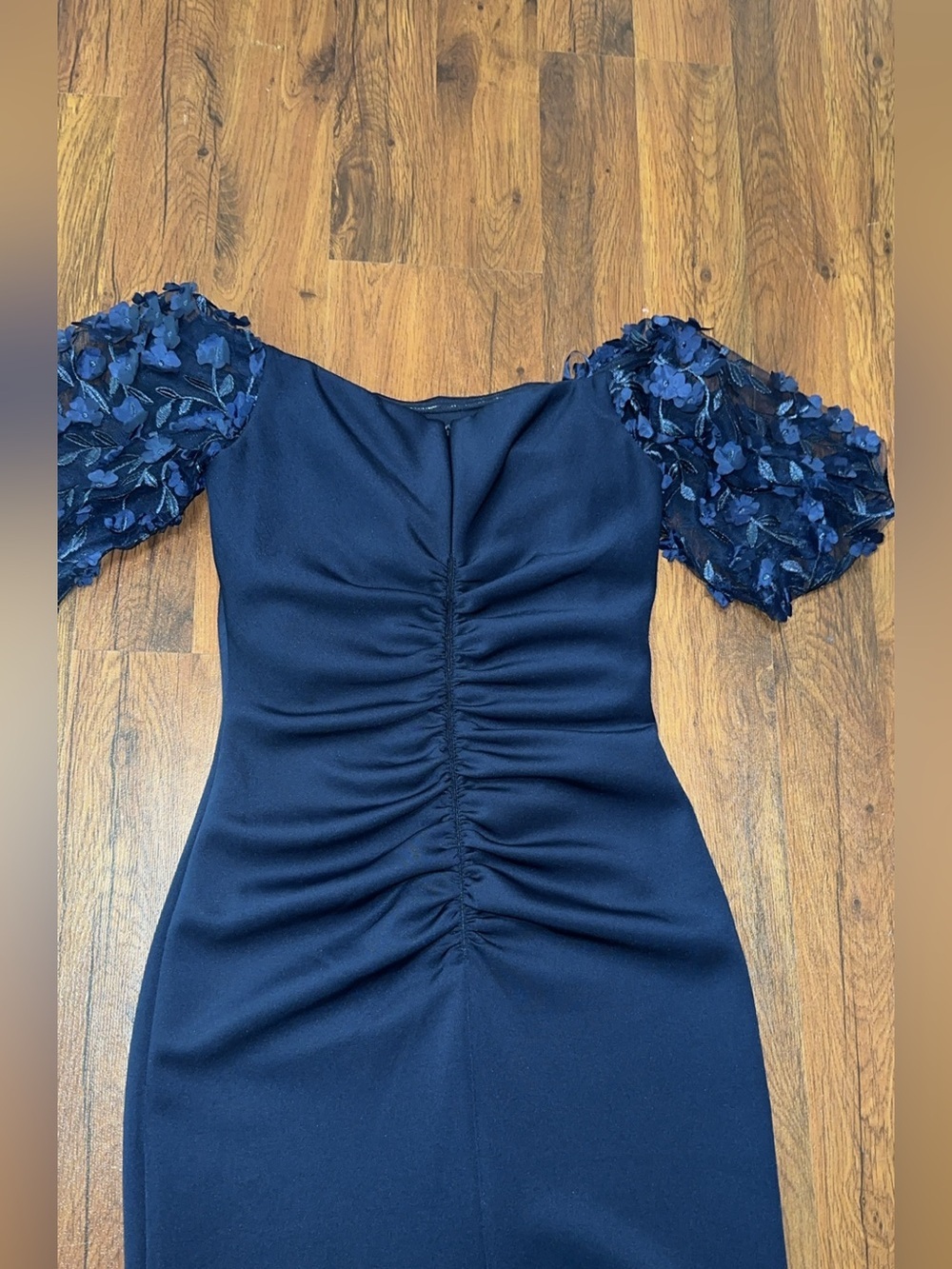 Xscape Navy One-Shoulder Evening Gown with 3D Floral Sleeves Formal - Picture 12 of 16